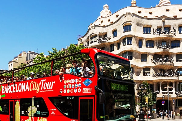 Barcelona cityscape with hop on hop off bus