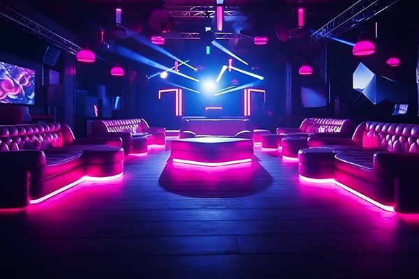 Nightclub interior with colorful lights in Barcelona