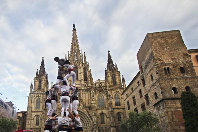 Castellers building human towers in Barcelona